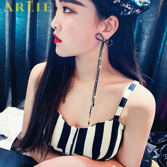 Black colored Rhinestone long Bow Earrings - Picture 9 of 16